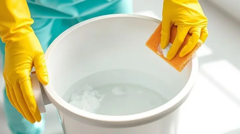 Pessoa fazendo a higienização de uma lixeira de cozinha para demonstrar como mantê-la limpa e livre de maus odores.