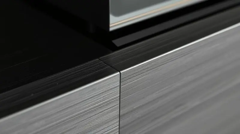 Detalhe dos materiais de uma lareira ecológica, mostrando a textura do aço inox escovado e do aço carbono com acabamento fosco.