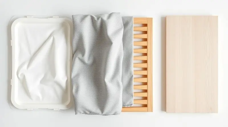Comparativo de materiais para cestos de roupa: amostras de plástico, tecido, bambu e MDF lado a lado para ajudar na escolha do material ideal.