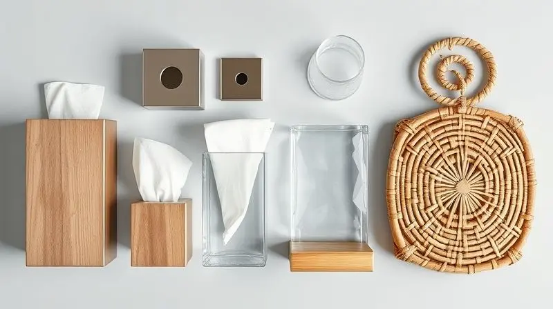 Diversos porta-guardanapos organizados para exibir diferentes materiais como inox, bambu, cristal e rattan.