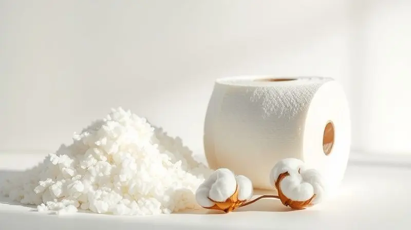 Fibras de celulose natural ao lado de um rolo de papel higiênico, ilustrando a importância dos materiais na sua fabricação.