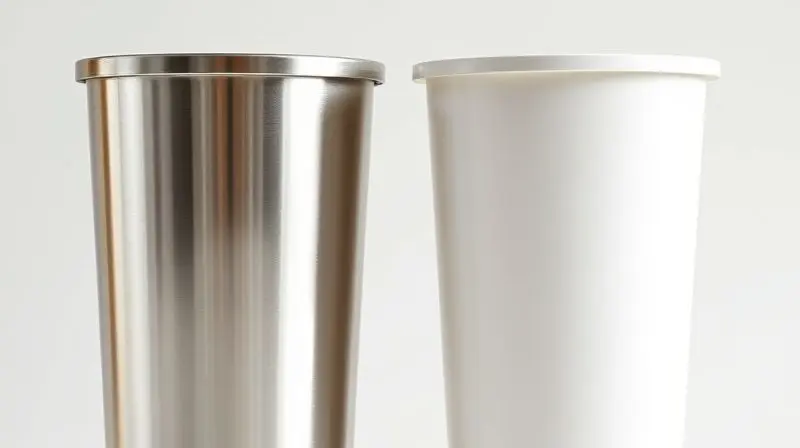 Comparativo visual entre uma lixeira de inox e uma de plástico, destacando as texturas e vantagens de cada material para cozinha.