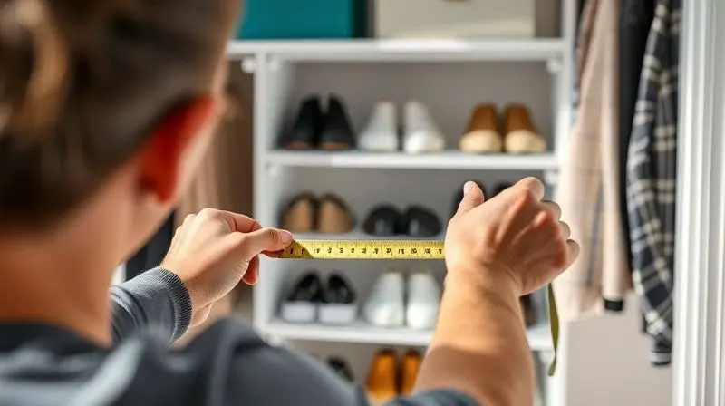Uma pessoa usando uma fita métrica para medir o espaço vazio em um guarda-roupa, planejando a instalação de um novo organizador de sapatos.