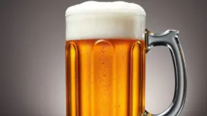 Uma caneca de chopp de vidro grande e detalhada, cheia de cerveja dourada com espuma, em um fundo de estúdio, representando as melhores canecas de chopp.