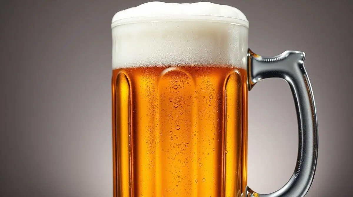 Uma caneca de chopp de vidro grande e detalhada, cheia de cerveja dourada com espuma, em um fundo de estúdio, representando as melhores canecas de chopp.