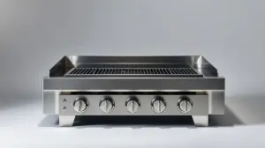 Uma churrasqueira a gás de bancada moderna de aço inox, fotografada em estúdio com iluminação profissional, representando as melhores opções de 2025.