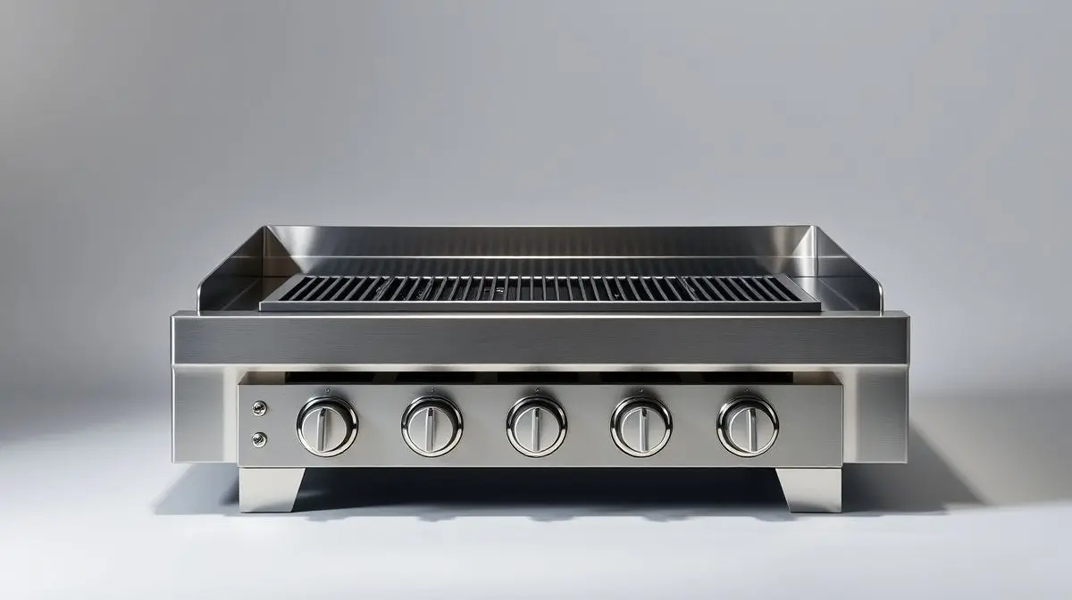 Uma churrasqueira a gás de bancada moderna de aço inox, fotografada em estúdio com iluminação profissional, representando as melhores opções de 2025.