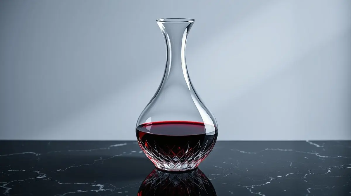 O melhor decanter de vinho de cristal, sem marca e com design elegante, sobre uma superfície de mármore escuro, realçando a cor do vinho tinto em seu interior.
