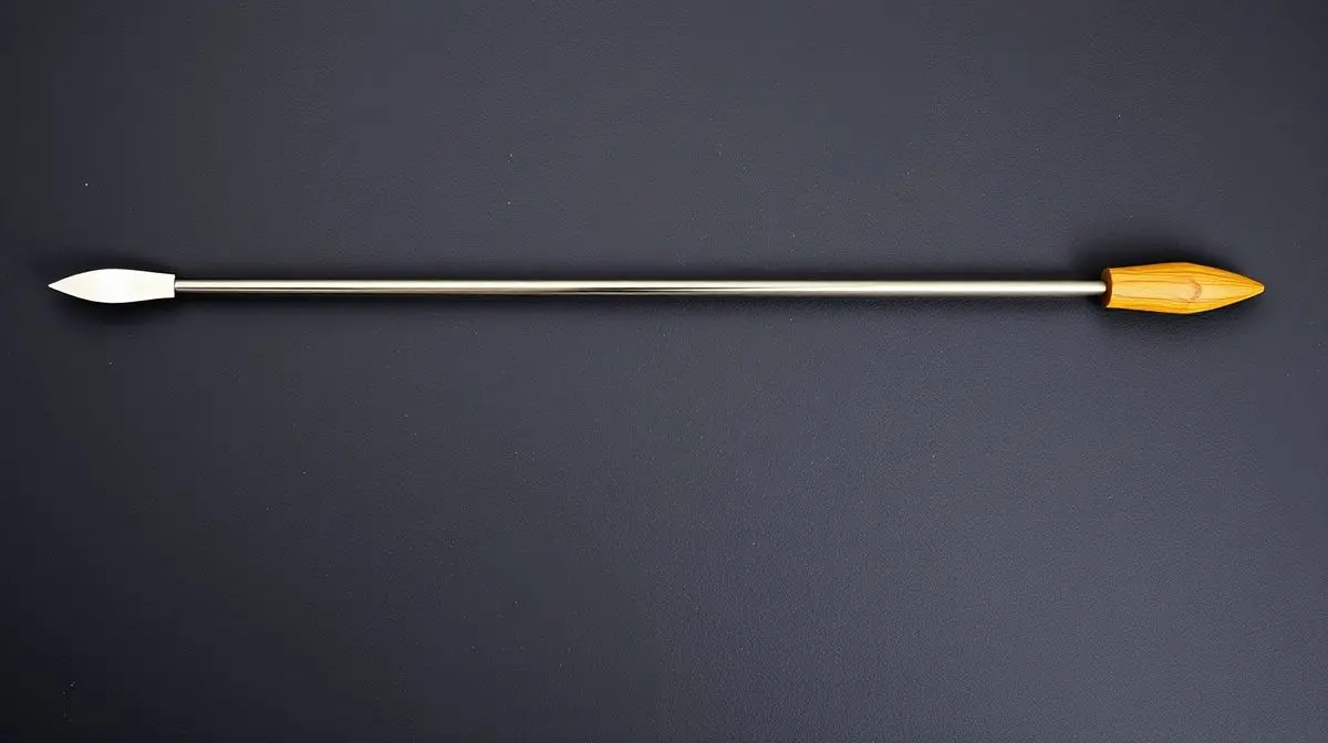 Um espeto para churrasco de aço inox com cabo de madeira, visto em detalhe sobre um fundo escuro, representando os melhores espetos para comprar em 2024.