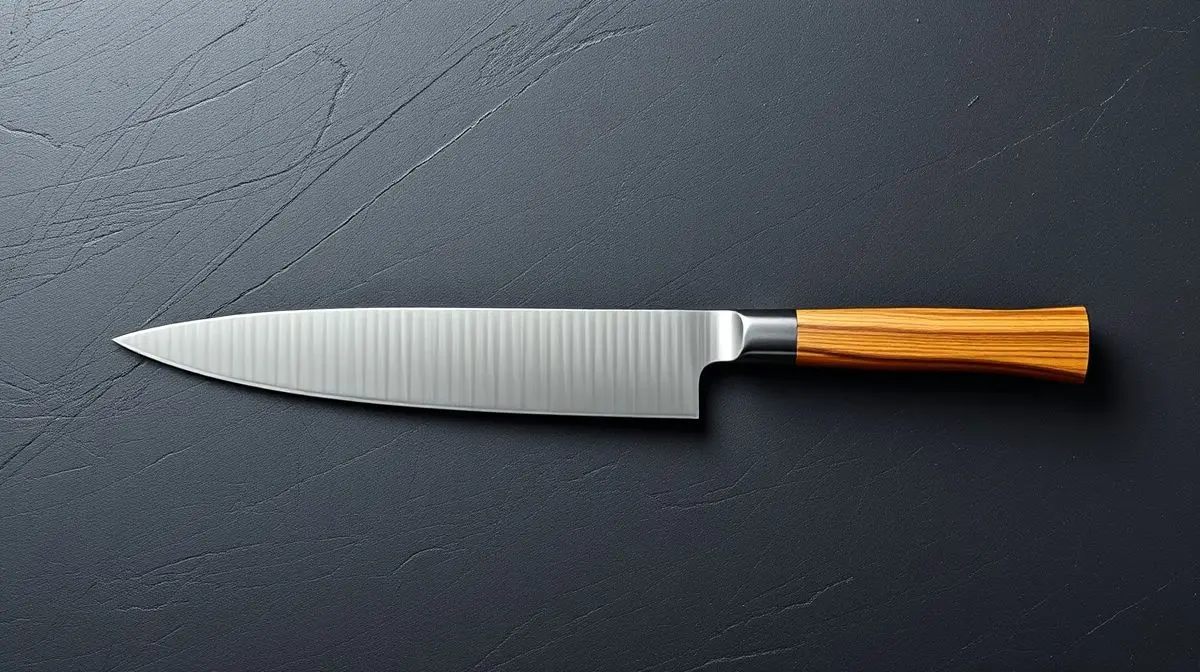 Uma faca de sushi profissional tipo Yanagiba, sem marca, em close-up sobre uma superfície escura, destacando a lâmina longa e o cabo de madeira.