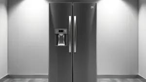 Vista frontal de uma moderna e elegante geladeira com gelo na porta em aço inox, destacando o dispenser de água e gelo para o guia de melhores modelos.