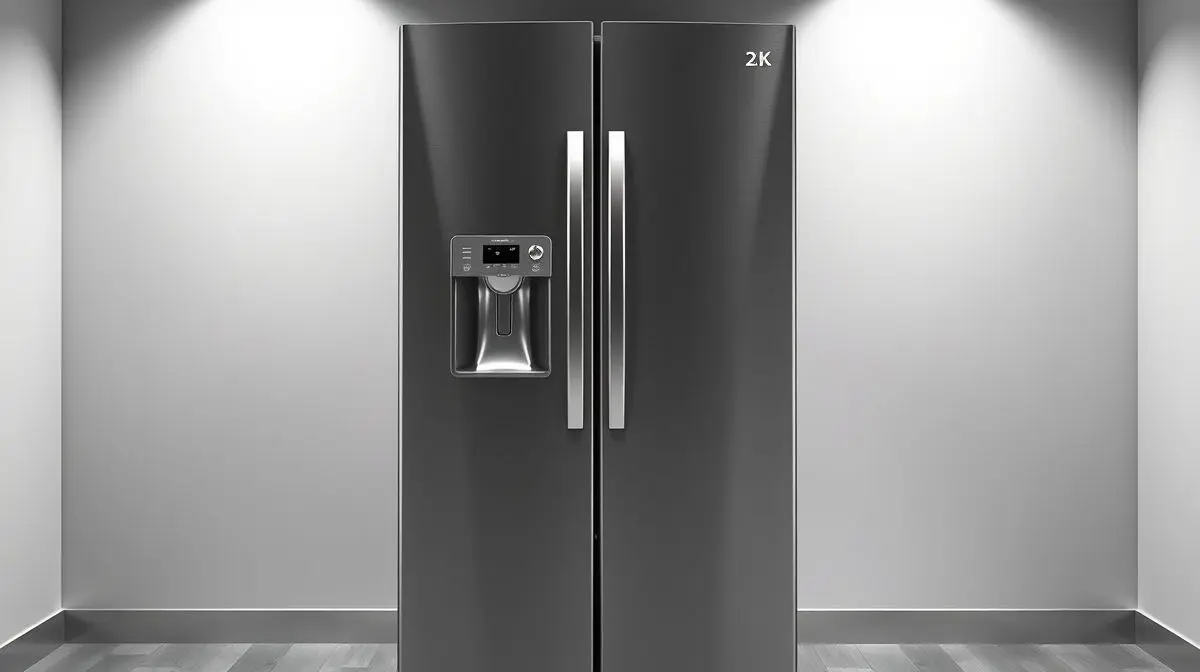 Vista frontal de uma moderna e elegante geladeira com gelo na porta em aço inox, destacando o dispenser de água e gelo para o guia de melhores modelos.
