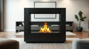 Lareira ecológica moderna com design em aço escovado e chama acesa, posicionada em uma sala de estar contemporânea e aconchegante.