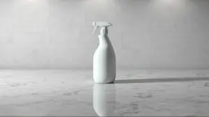 Frasco de limpa pedras profissional sobre uma bancada de pedra limpa e brilhante, representando os melhores produtos de limpeza para superfícies.