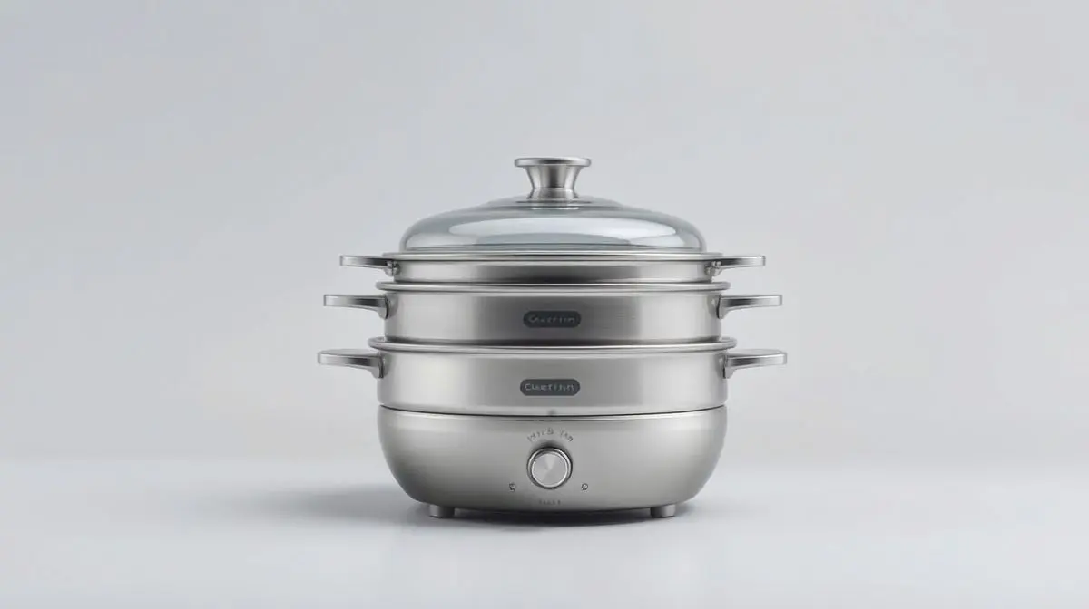Uma moderna panela a vapor de aço inoxidável, sem marca, em um fundo de estúdio claro, mostrando seus detalhes, múltiplos andares e a tampa de vidro.