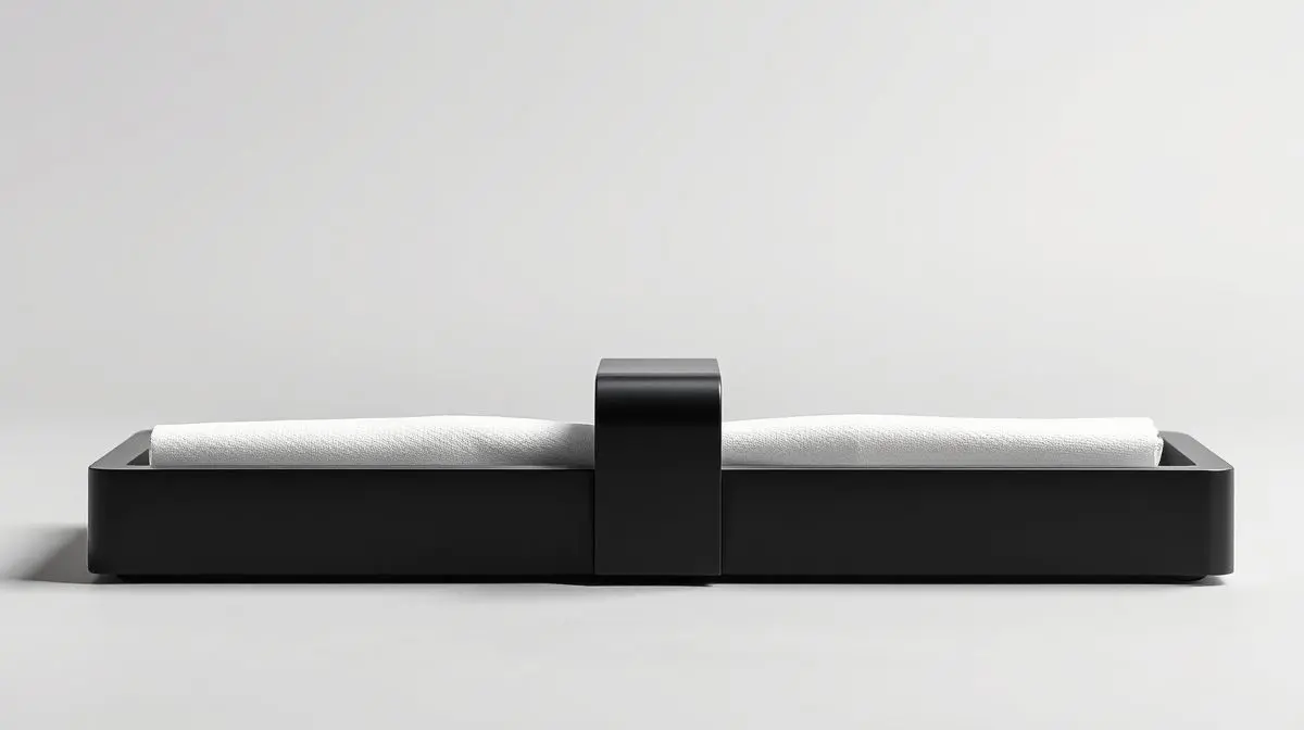 Um porta-guardanapos moderno e elegante de metal preto fosco, posicionado sobre um fundo neutro, ilustrando os melhores porta-guardanapos do mercado.