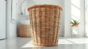 Um dos melhores cestos de roupa, de vime e sem marca, em um ambiente de banheiro moderno e minimalista, destacando o design e a organização.