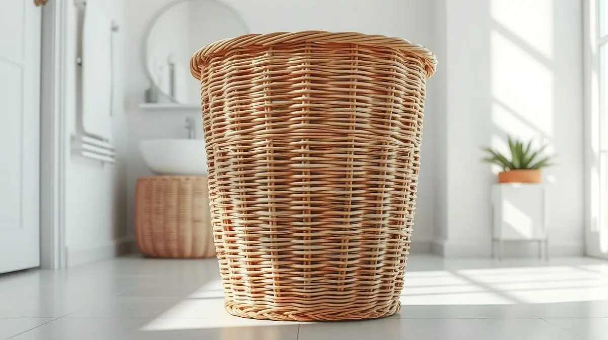 Um dos melhores cestos de roupa, de vime e sem marca, em um ambiente de banheiro moderno e minimalista, destacando o design e a organização.
