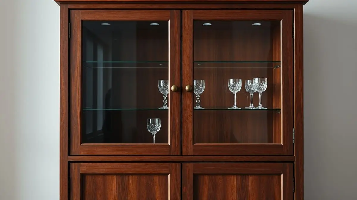 Uma cristaleira de madeira escura elegante e clássica, com portas de vidro e taças de cristal dentro, representando as melhores cristaleiras para comprar.