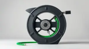 Um moderno enrolador de mangueira cinza, sem marca e com uma mangueira verde bem enrolada, visto de frente em um fundo de estúdio claro.