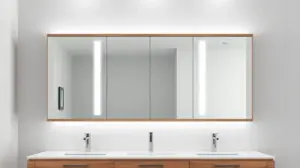 Moderna espelheira para banheiro com iluminação de LED embutida, instalada em uma parede de azulejos elegantes, representando o guia de compra.
