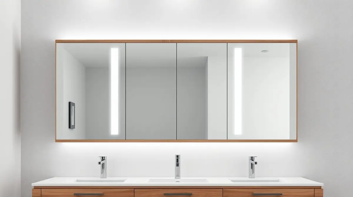 Moderna espelheira para banheiro com iluminação de LED embutida, instalada em uma parede de azulejos elegantes, representando o guia de compra.