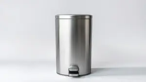 Lixeira de cozinha moderna em aço inox com pedal, em um fundo de estúdio claro, representando as melhores opções de lixeiras para comprar.