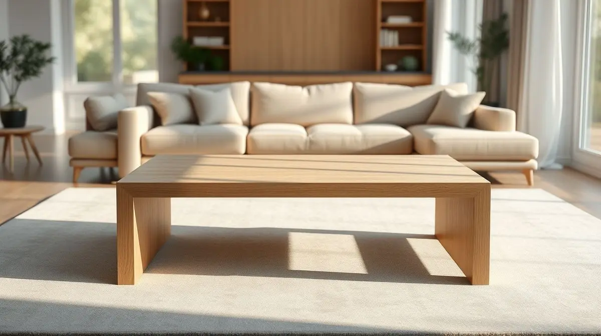 Mesa de centro de madeira clara com design moderno e minimalista, posicionada no centro de uma sala de estar elegante com iluminação profissional.