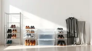 Diversos modelos de organizadores de sapatos sem marca, incluindo caixas transparentes e sapateira de metal, em composição simétrica com iluminação de estúdio.