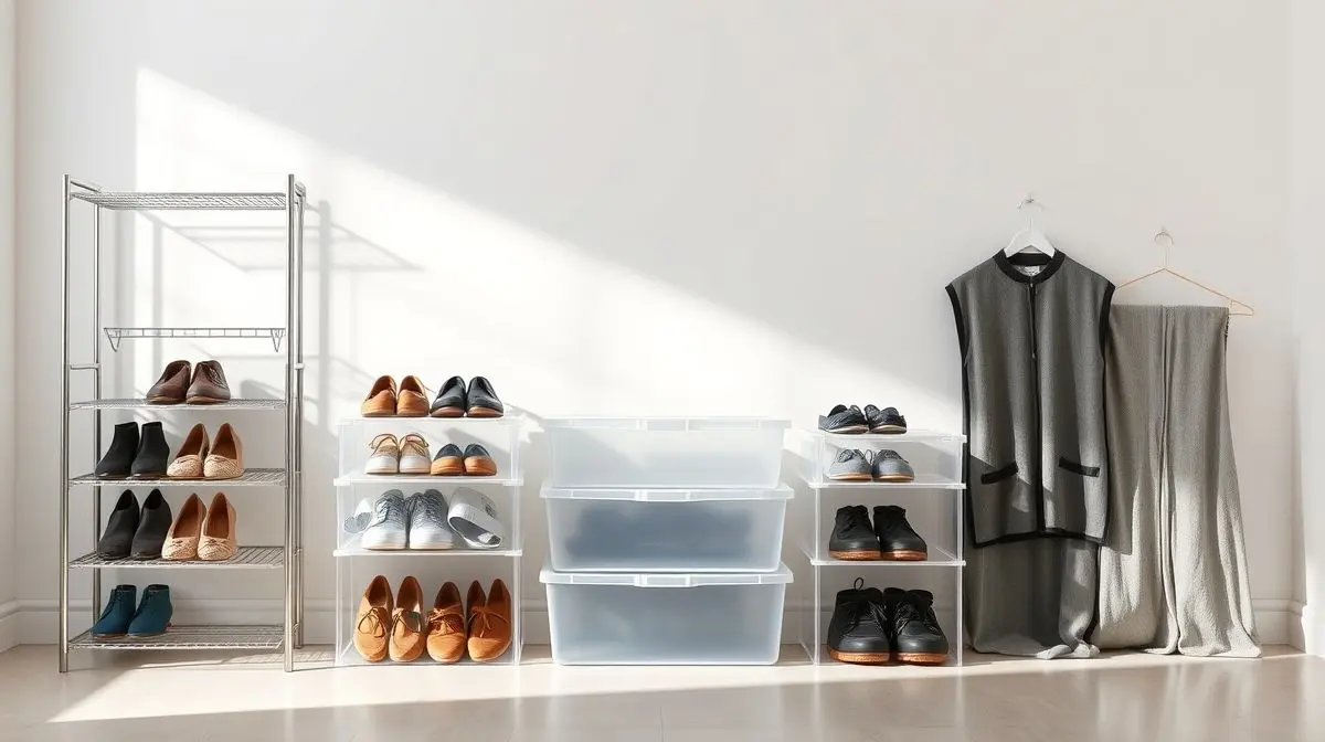 Diversos modelos de organizadores de sapatos sem marca, incluindo caixas transparentes e sapateira de metal, em composição simétrica com iluminação de estúdio.