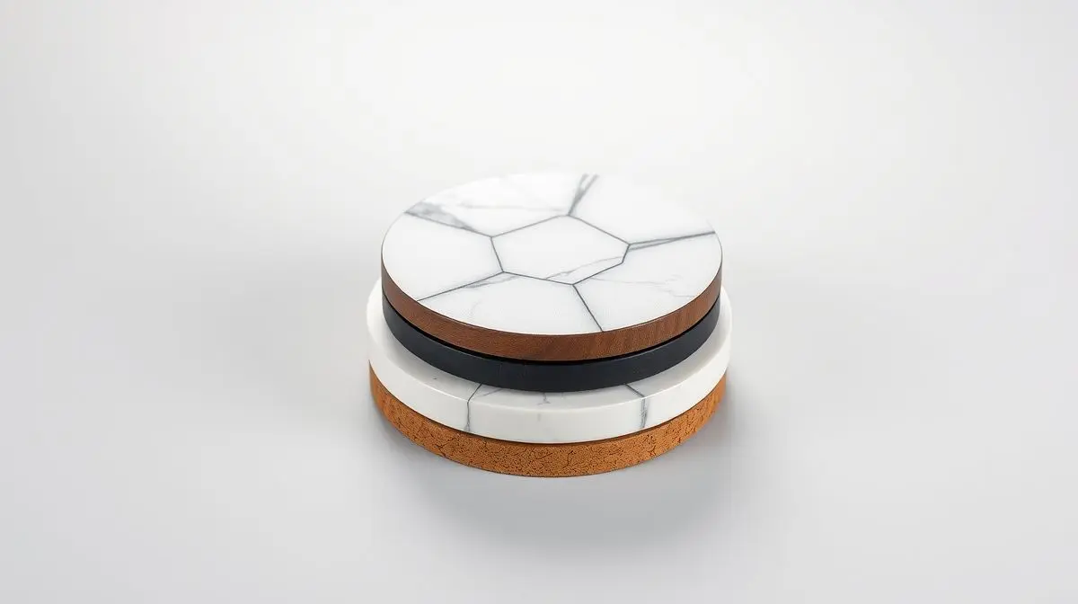 Pilha de porta-copos elegantes e sem marca, feitos de materiais diversos como mármore e madeira, em um fundo de estúdio com iluminação profissional.
