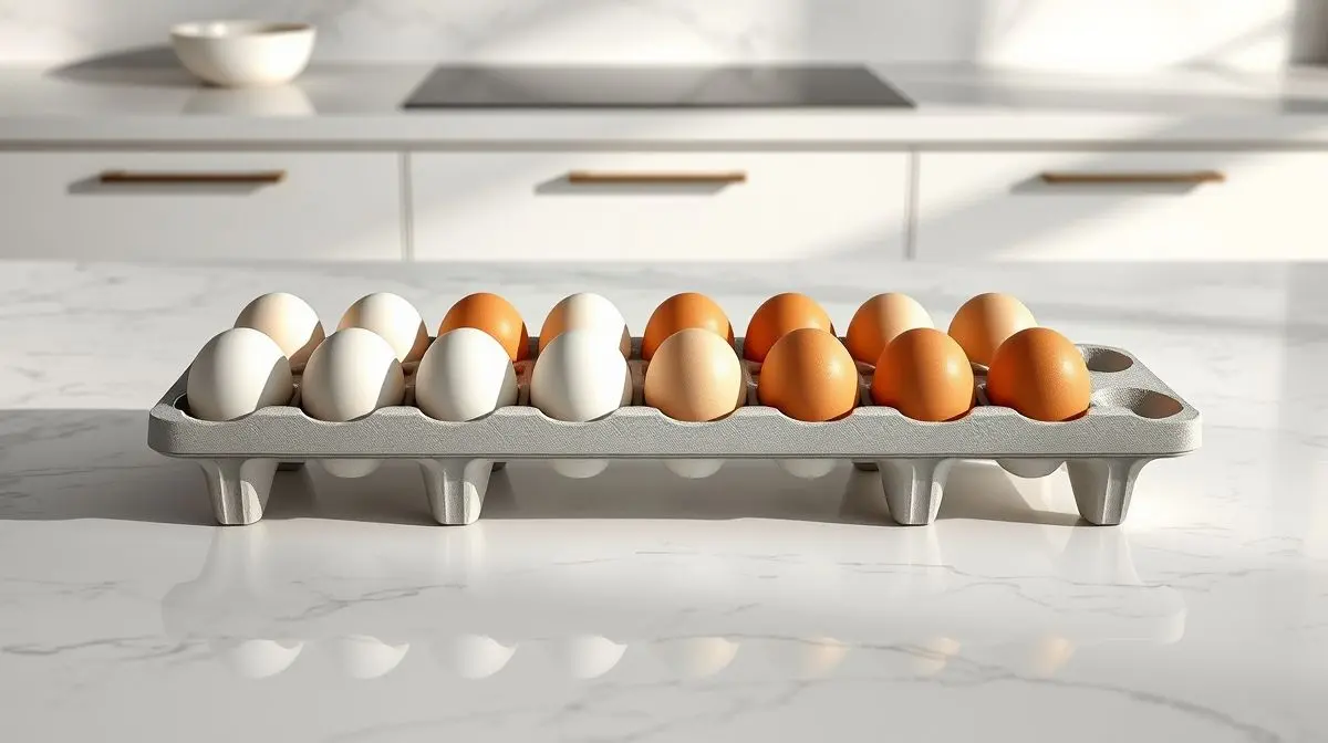 Um moderno e elegante porta-ovos de design sobre uma bancada de cozinha, com ovos brancos e marrons perfeitamente organizados. Guia dos melhores modelos.