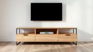 Um rack de TV moderno e elegante para sala, feito de madeira clara com detalhes em metal, representando um dos melhores racks para comprar neste ano.