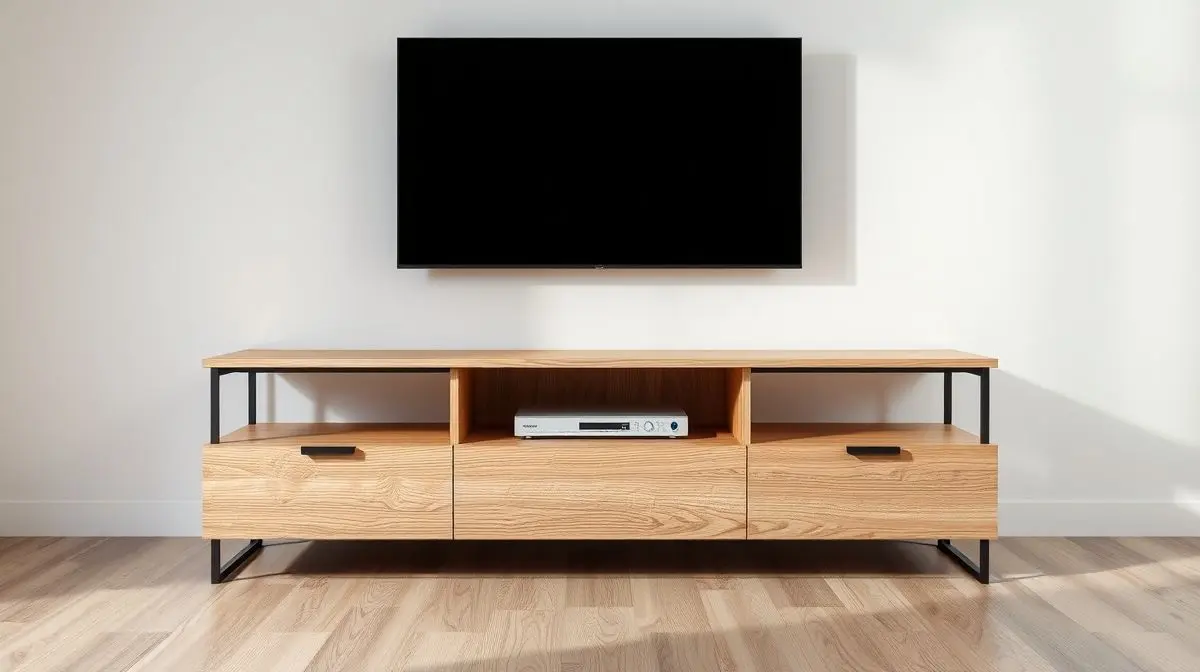 Um rack de TV moderno e elegante para sala, feito de madeira clara com detalhes em metal, representando um dos melhores racks para comprar neste ano.