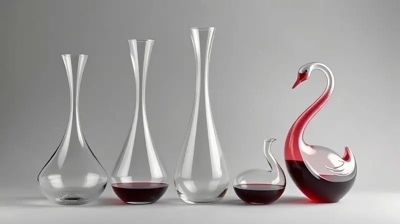 Três modelos de decanters com formatos diferentes—base larga, fino e cisne—para mostrar como o design impacta a oxigenação do vinho.