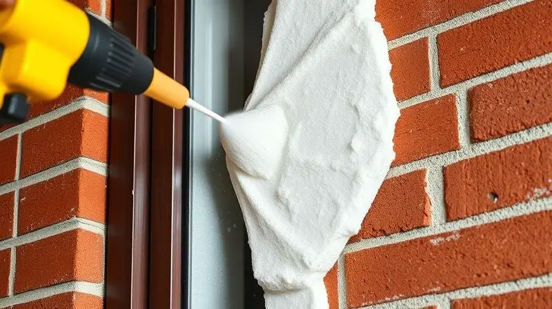 Aplicação de espuma expansiva de poliuretano para preencher e vedar o vão entre uma parede de tijolos e uma esquadria de janela de madeira.