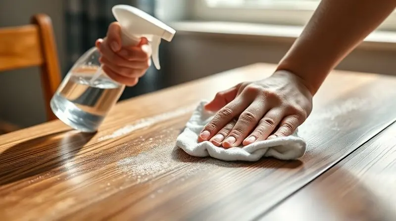 Pessoa limpando uma superfície de madeira com um pano e um limpador multiuso, demonstrando a utilidade do produto.