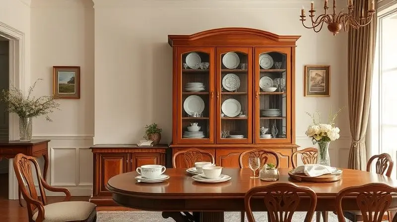 Cristaleira clássica de madeira posicionada em uma sala de jantar, mostrando onde posicionar o móvel e o que guardar dentro.