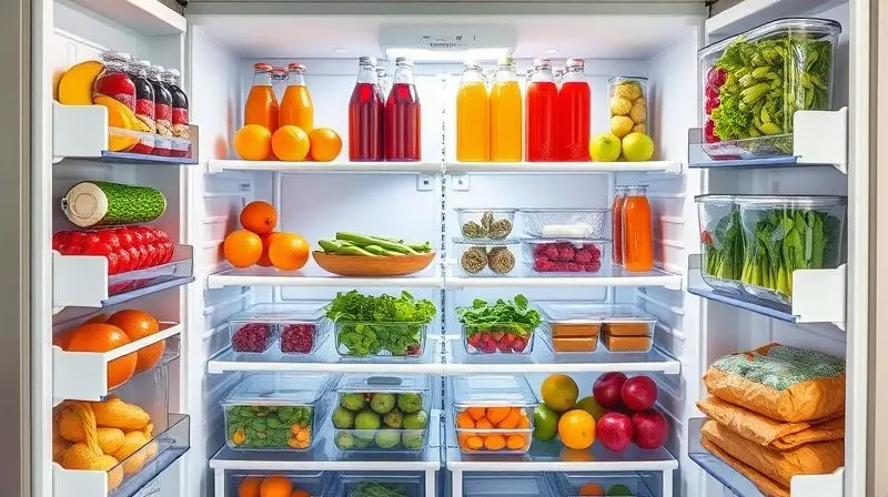 Interior de uma geladeira moderna e bem organizada, mostrando prateleiras, gavetas e compartimentos cheios de alimentos frescos e organizados.