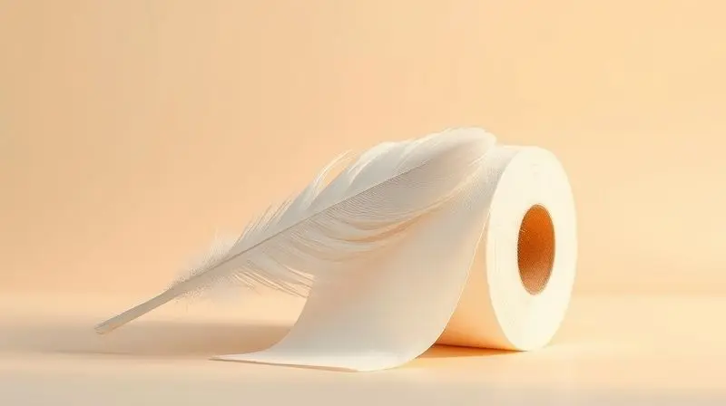 Uma pena branca tocando suavemente um papel higiênico macio, simbolizando o cuidado dermatológico e a suavidade para a pele.