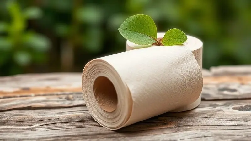 Rolo de papel higiênico ecológico, feito de material reciclado, com uma folha verde, representando sustentabilidade e opções recicláveis.