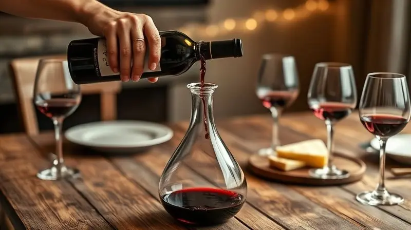 Pessoa servindo vinho tinto da garrafa para um decanter, ilustrando o processo e a função de aerar o vinho para melhorar seu sabor e aroma.