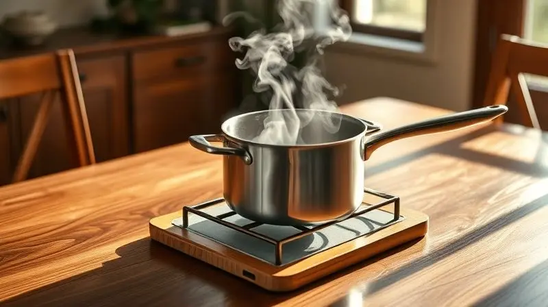 Panela quente sendo colocada sobre um descanso de panela, demonstrando a função de proteção da superfície de uma mesa de jantar.