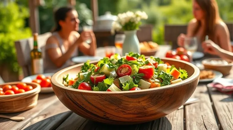 Uma gamela de madeira grande cheia de salada colorida sendo usada em um churrasco, demonstrando sua funcionalidade e charme em reuniões.