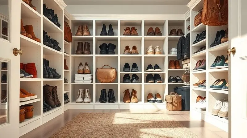 Um closet ou entrada de casa com sapatos perfeitamente arrumados em um organizador, criando um ambiente limpo, espaçoso e livre de desordem.