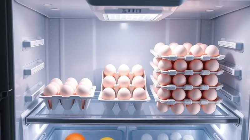 Diferentes tamanhos de porta-ovos dentro de uma geladeira para ilustrar a capacidade de armazenamento, de 6 a mais de 24 ovos.