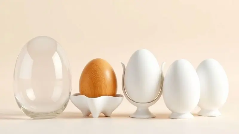 Comparativo visual de porta-ovos feitos de diferentes materiais: acrílico transparente, bambu natural, cerâmica branca e plástico.