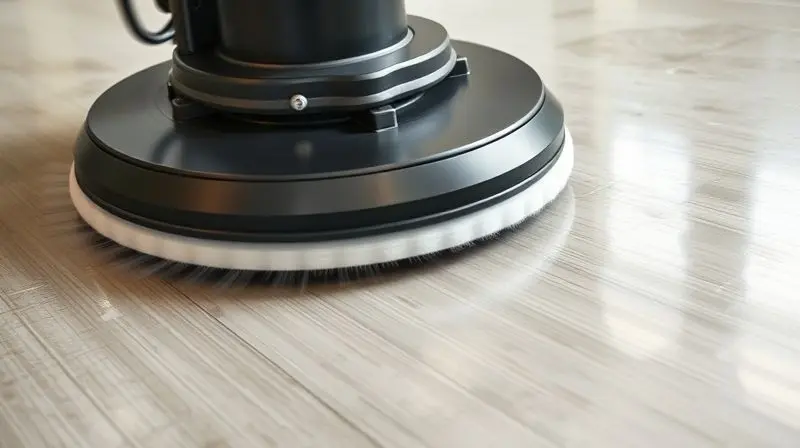 Close-up do disco de uma enceradeira em alta rotação, demonstrando a potência e RPM da máquina em um piso brilhante.