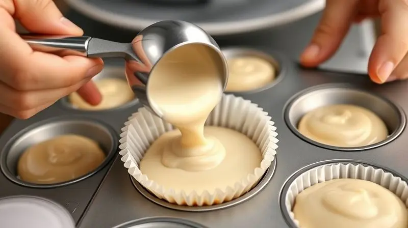 Mão de confeiteira enchendo uma forminha de cupcake com a quantidade correta de massa, demonstrando a técnica para assar perfeitamente.