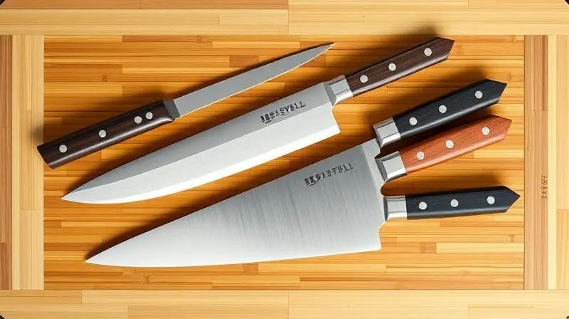 Visão de cima de três tipos de facas japonesas para sushi, uma Yanagiba, uma Santoku e uma Deba, organizadas em uma tábua de bambu.